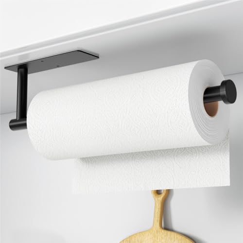 Paper Towel Holder - Self-Adhesive or Drilling. Matte Black Wall Mounted Rack - SUS304 Stainless Steel Kitchen Roll Dispenser Under Cabinet