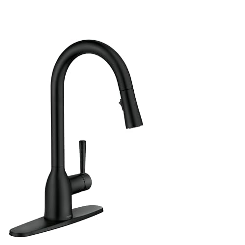 Moen Adler Matte Black One-Handle High Arc Kitchen Sink Faucet with Power Clean. Modern Kitchen Faucet with Pull Down Sprayer. 87233BL