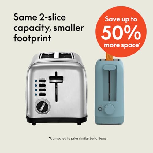 bella 2 Slice Slim Toaster. Fits-anywhere™ Kitchenware. 6 Setting Shade Control with Reheat & Cancel Buttons. Fits sourdough. 10 Long Slot. Anti Jam & Auto Shutoff. 900 Watt. Surf