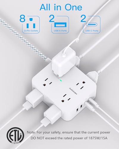 Surge Protector Power Strip - HANYCONY 8 Outlets 4 USB (2 USB C) Charging Ports. Multi Plug Outlet Extender. 5Ft Braided Extension Cord. Flat Plug Wall Mount Desk Charging Station for Home Office ETL