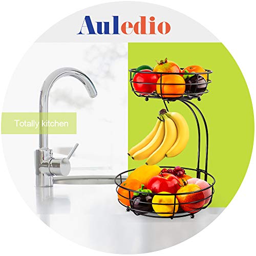 Auledio Iron 2-Tier Countertop Fruit Vegetables Basket Bowl Storage With Banana Hanger. Black. 64 ounces