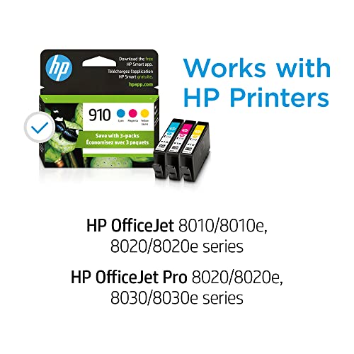 HP 910 Cyan. Magenta. Yellow Ink Cartridges for HP Printers (3-pack) | Works with Printer Series: OfficeJet 8010. 8020 Series. OfficeJet Pro 8020. 8030 | Eligible for Instant Ink | 3YN97AN