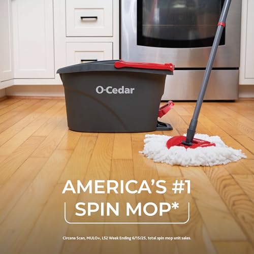 O-Cedar EasyWring Microfiber Spin Mop. Bucket Floor Cleaning System. Red. Gray. Standard