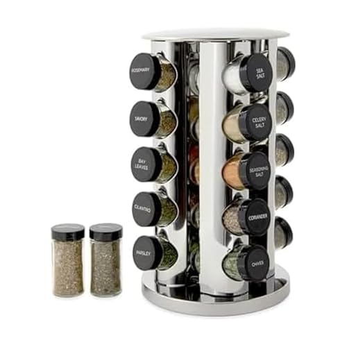 Kamenstein 20 Jar Revolving Countertop Spice Rack with Spices Included. FREE Spice Refills for 5 Years. Polished Stainless Steel with Black Caps. 30020
