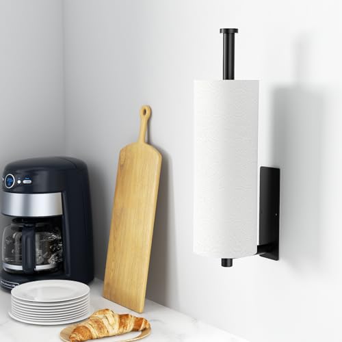 Paper Towel Holder - Self-Adhesive or Drilling. Matte Black Wall Mounted Rack - SUS304 Stainless Steel Kitchen Roll Dispenser Under Cabinet