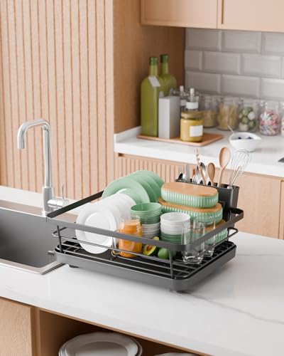 Kitsure Dish Drying Rack for Kitchen Counter. Stainless Steel Sink Organization and Storage Essentials with Cutlery Holder. Home and Appartment Decor. 12''W x 15.5''L. Black