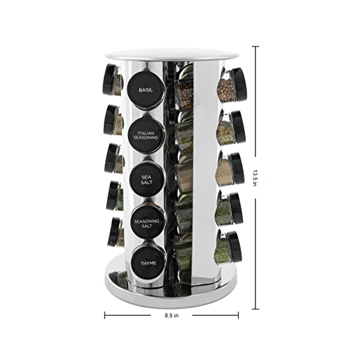 Kamenstein 20 Jar Revolving Countertop Spice Rack with Spices Included. FREE Spice Refills for 5 Years. Polished Stainless Steel with Black Caps. 30020