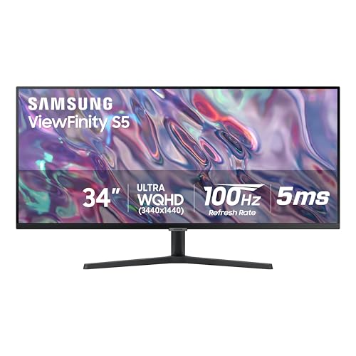 SAMSUNG 34 ViewFinity S50GC Series Ultra-WQHD Monitor. 100Hz. 5ms. HDR10. AMD FreeSync. Eye Care. Borderless Design. PIP. PBP. LS34C502GANXZA. 2023. Black