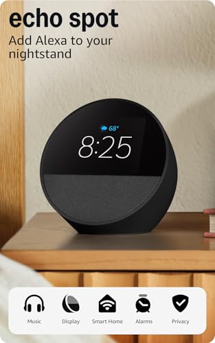 Amazon Echo Spot. Great for nightstands. offices and kitchens. Smart alarm clock with Alexa. Black