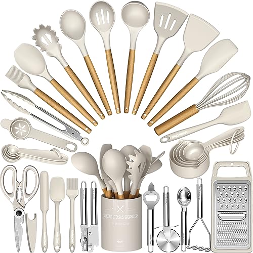 Umite Chef Silicone Kitchen Utensil Set. 34PCS Heat Resistant Kitchen Gadgets and Tools With Grater. Wood Handles for Nonstick Cookware