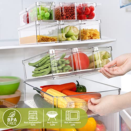 10 Pack Refrigerator Pantry Organizer Bins. Stackable Fridge Organizer Bins with Lids. Clear Plastic Food Storage Bins for Kitchen. Countertops. Cabinets. Fridge. Drinks. Fruits. Vegetable. Cereals
