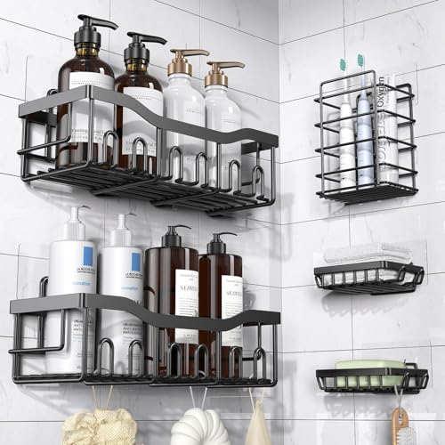 EUDELE Adhesive Shower Caddy. 5 Pack Rustproof Stainless Steel Bath Organizers With Large Capacity. No Drilling Shelves for Bathroom Storage & Home Decor-XL Size
