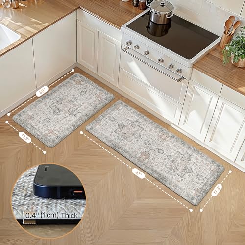 GENIMO Kitchen Mats for Floor 2PCs. Washable Anti Fatigue Mat for Cushioned. 17.3x47+17.3x30. Waterproof Kitchen Rugs. Non Slip Comfort Standing Mat Rug for Home. Sink. Laundry. LightTaupeBrown