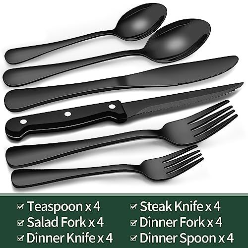 EWFEN 24-Piece Black Silverware Set with Steak Knives. Flatware for 4. Food-Grade Stainless Steel Tableware Cutlery Set. Mirror Finished Utensil Sets Home Restaurant