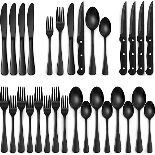 EWFEN 24-Piece Black Silverware Set with Steak Knives. Flatware for 4. Food-Grade Stainless Steel Tableware Cutlery Set. Mirror Finished Utensil Sets Home Restaurant