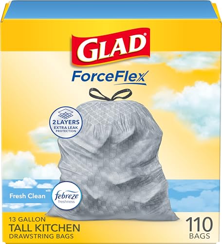 Glad Tall Kitchen Drawstring Trash Bags - Odorshield 13 Gallon White Trash Bag. Febreze Fresh Clean. 110 Count