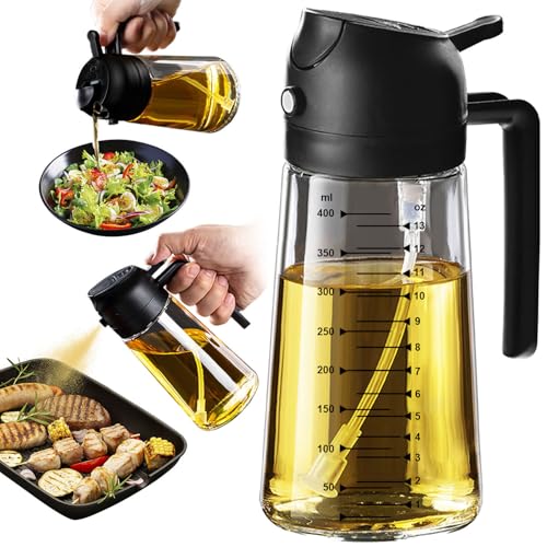 TrendPlain 16oz/470ml Glass Olive Oil Sprayer for Cooking – 2 in 1 Olive Oil Dispenser Bottle for Kitchen Gadgets and Air Fryer Accessories. Salad. BBQ - Black