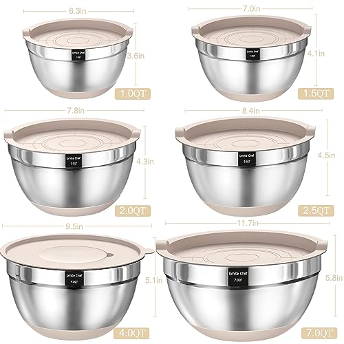 Mixing Bowls with Airtight Lids Set. 26PCS Stainless Steel Khaki Bowls with Grater Attachments. Non-Slip Bottoms & Kitchen Gadgets Set. Size 7. 4. 2.5. 2.0.1.5. 1QT. Great for Mixing & Serving