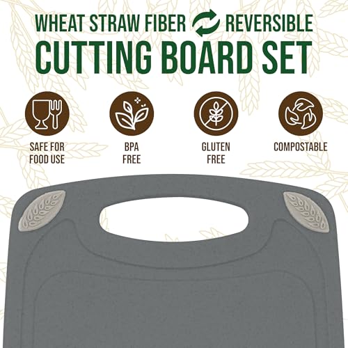 2-Piece Reversible Cutting Board Set Made from Natural Food Grade Wheat Straw Material - Eco-Conscious Alternative to Plastic - Gluten Free & BPA Free Chopping Boards for Kitchen