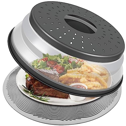 10 Inch Microwave Food Cover & Collapsible Silicone Mat - Splatter Guard. Plate Holder & Kitchen Colander for Meal Prep. Charcoal