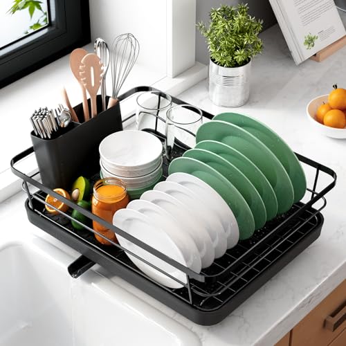 Kitsure Dish Drying Rack for Kitchen Counter. Stainless Steel Sink Organization and Storage Essentials with Cutlery Holder. Home and Appartment Decor. 12''W x 15.5''L. Black