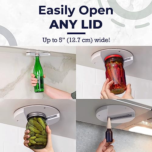 EZ Off Jar Opener for Seniors - Under Cabinet Jar Openers for Weak Hands. Easy Grip. Arthritis jar opener. One Handed Gadgets & Bottle Opener - Essential Kitchen Gadgets for Home Assistance - White