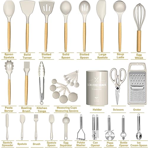 Umite Chef Silicone Kitchen Utensil Set. 34PCS Heat Resistant Kitchen Gadgets and Tools With Grater. Wood Handles for Nonstick Cookware