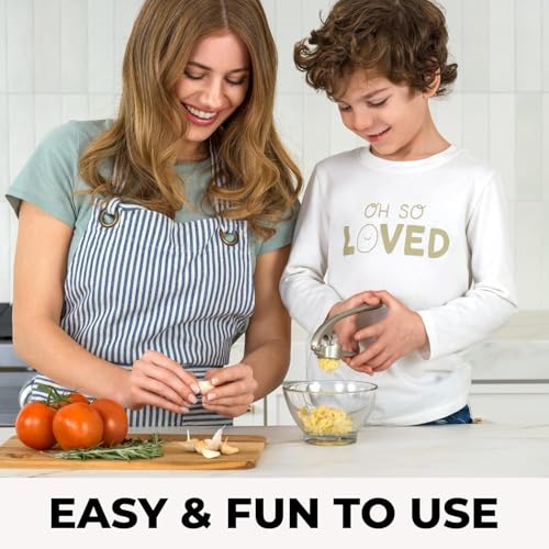 Zulay Kitchen Premium Garlic Press Set - Rust Proof & Dishwasher Safe Professional Garlic Mincer Tool - Easy-Squeeze. Easy-Clean with Soft. Ergonomic Handle - Silicone Garlic Peeler & Brush (Silver)