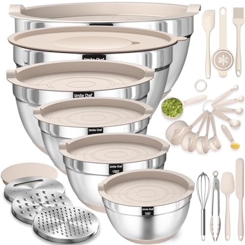 Mixing Bowls with Airtight Lids Set. 26PCS Stainless Steel Khaki Bowls with Grater Attachments. Non-Slip Bottoms & Kitchen Gadgets Set. Size 7. 4. 2.5. 2.0.1.5. 1QT. Great for Mixing & Serving