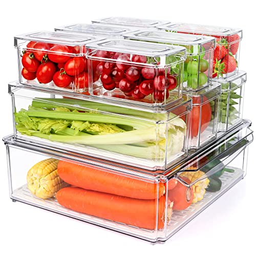 10 Pack Refrigerator Pantry Organizer Bins. Stackable Fridge Organizer Bins with Lids. Clear Plastic Food Storage Bins for Kitchen. Countertops. Cabinets. Fridge. Drinks. Fruits. Vegetable. Cereals