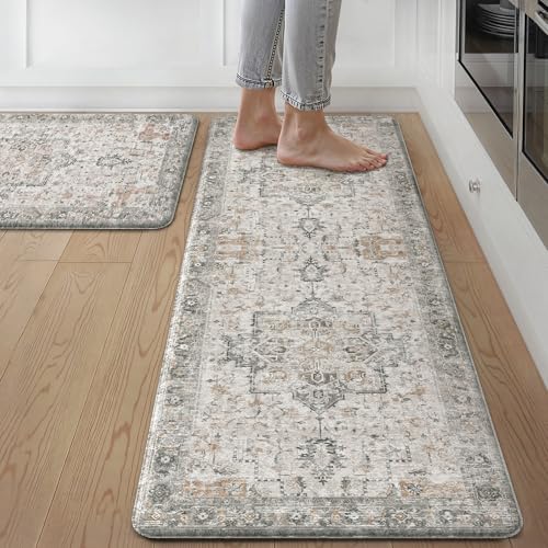 GENIMO Kitchen Mats for Floor 2PCs. Washable Anti Fatigue Mat for Cushioned. 17.3x47+17.3x30. Waterproof Kitchen Rugs. Non Slip Comfort Standing Mat Rug for Home. Sink. Laundry. LightTaupeBrown