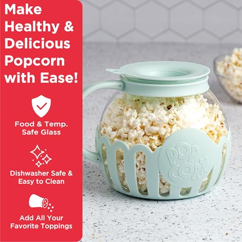 Ecolution Patented Micro-Pop Microwave Popcorn Popper with Temperature Safe Glass. 3-in-1 Lid Measures Kernels and Melts Butter. Made Without BPA. Dishwasher Safe. 3-Quart. Aqua