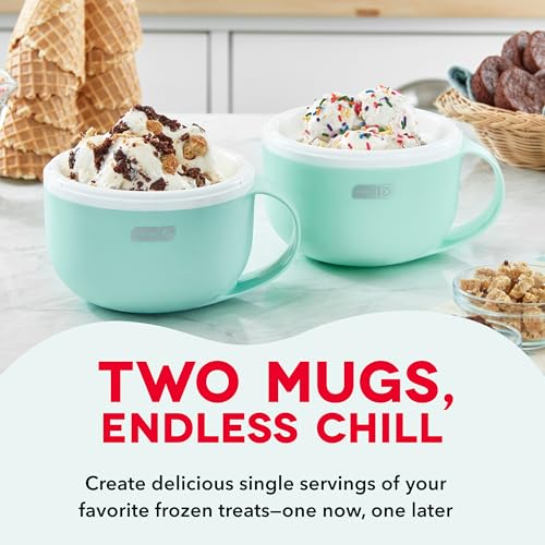 DASH My Mug Ice Cream Maker Machine (Aqua): Multi-Purpose Soft Serve Ice Cream Machine with (2) Bowls for Homemade Gelato. Sorbet. Frozen Yogurt. Built-In Ingredient Chute. Easy to Clean and Store