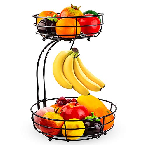 Auledio Iron 2-Tier Countertop Fruit Vegetables Basket Bowl Storage With Banana Hanger. Black. 64 ounces