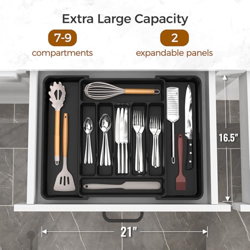 Extra Large Expandable Silverware Organizer. BPA-Free Food-Safe Cutlery Flatware Organizer. Kitchen Utensil Drawer Organizer. Adjustable Silverware Holder for Spoons Forks Knives. Black