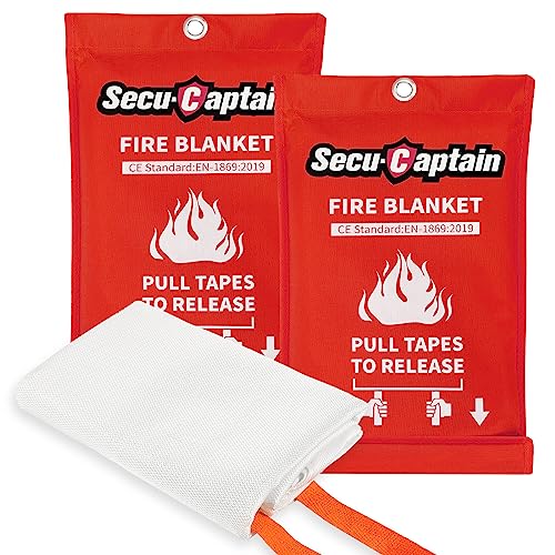 SecuCaptain Emergency Fire Blanket for Home and Kitchen - 2 Pack 40x40 Flame Suppression Fiberglass Fire Blankets for House Camping Car Office Warehouse Emergency Survival Safety