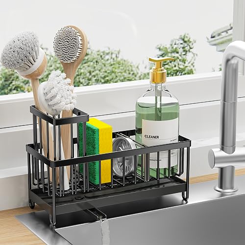 Cisily Black Sponge Holder for Kitchen Sink. Sink Caddy Organizer with High Brush Holder. Kitchen Countertop Organizers and Storage Essentials. Rustproof 304 Stainless Steel. Soap Dispenser Organize