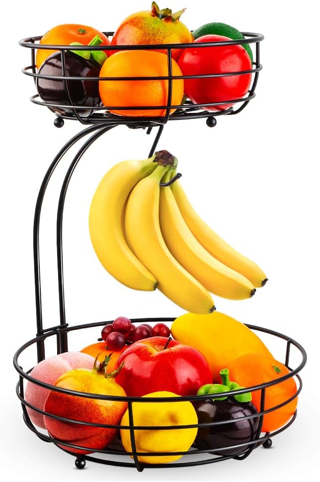 Auledio Iron 2-Tier Countertop Fruit Vegetables Basket Bowl Storage With Banana Hanger. Black. 64 ounces