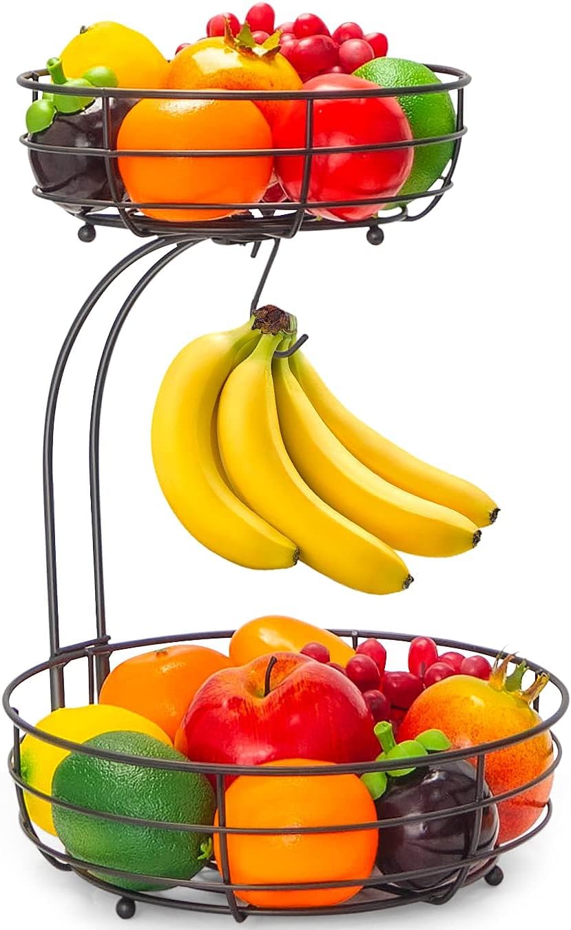 Auledio Iron 2-Tier Countertop Fruit Vegetables Basket Bowl Storage With Banana Hanger. Black. 64 ounces
