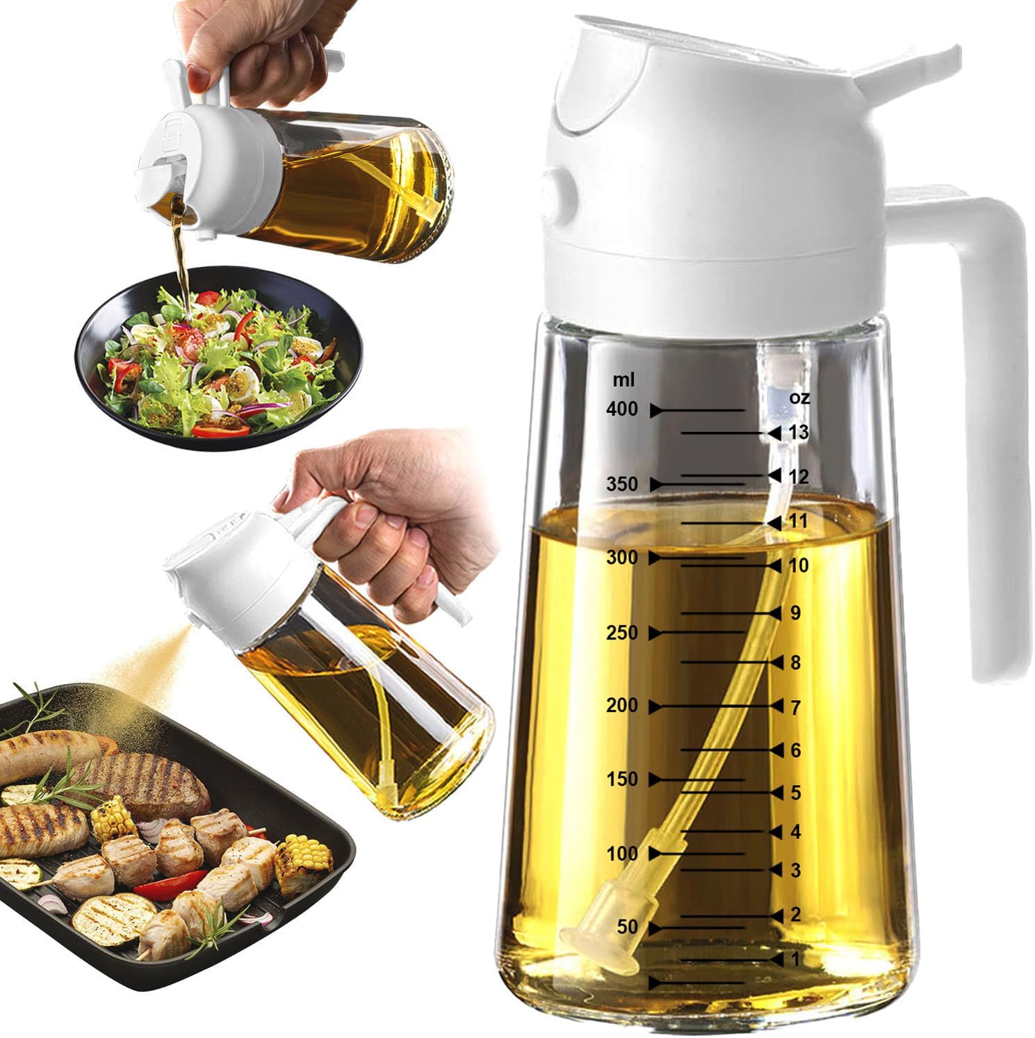 TrendPlain 16oz/470ml Glass Olive Oil Sprayer for Cooking – 2 in 1 Olive Oil Dispenser Bottle for Kitchen Gadgets and Air Fryer Accessories. Salad. BBQ - Black