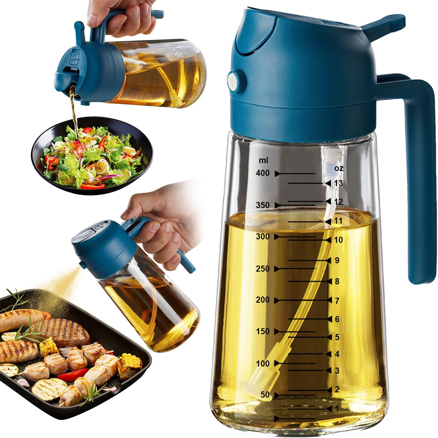 TrendPlain 16oz/470ml Glass Olive Oil Sprayer for Cooking – 2 in 1 Olive Oil Dispenser Bottle for Kitchen Gadgets and Air Fryer Accessories. Salad. BBQ - Black