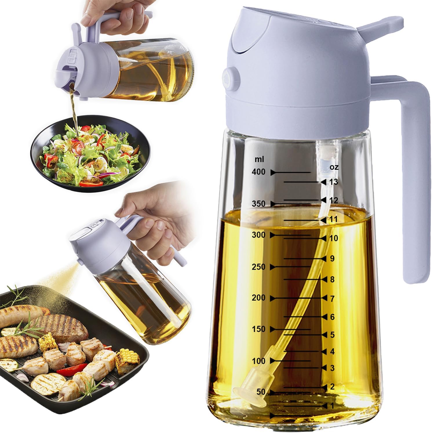 TrendPlain 16oz/470ml Glass Olive Oil Sprayer for Cooking – 2 in 1 Olive Oil Dispenser Bottle for Kitchen Gadgets and Air Fryer Accessories. Salad. BBQ - Black
