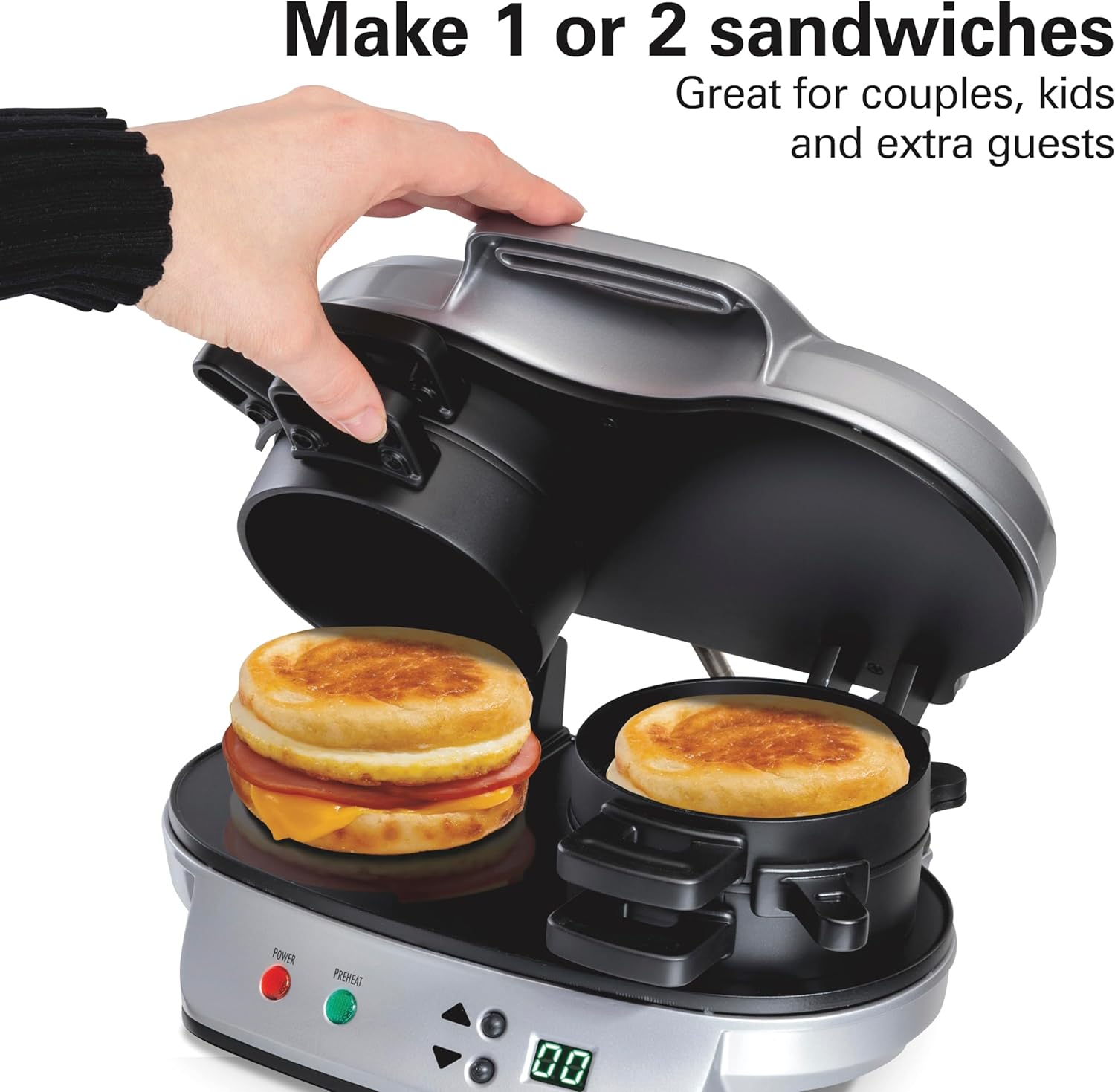 Hamilton Beach Dual Breakfast Sandwich Maker with Timer. Ready in 5 Minutes. Removable Dishwasher Safe PFAS-Free Non-Stick Egg Cooker Ring. Silver (25490MNA)