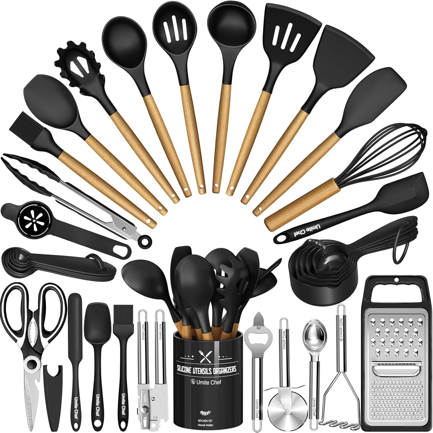 Umite Chef Silicone Kitchen Utensil Set. 34PCS Heat Resistant Kitchen Gadgets and Tools With Grater. Wood Handles for Nonstick Cookware
