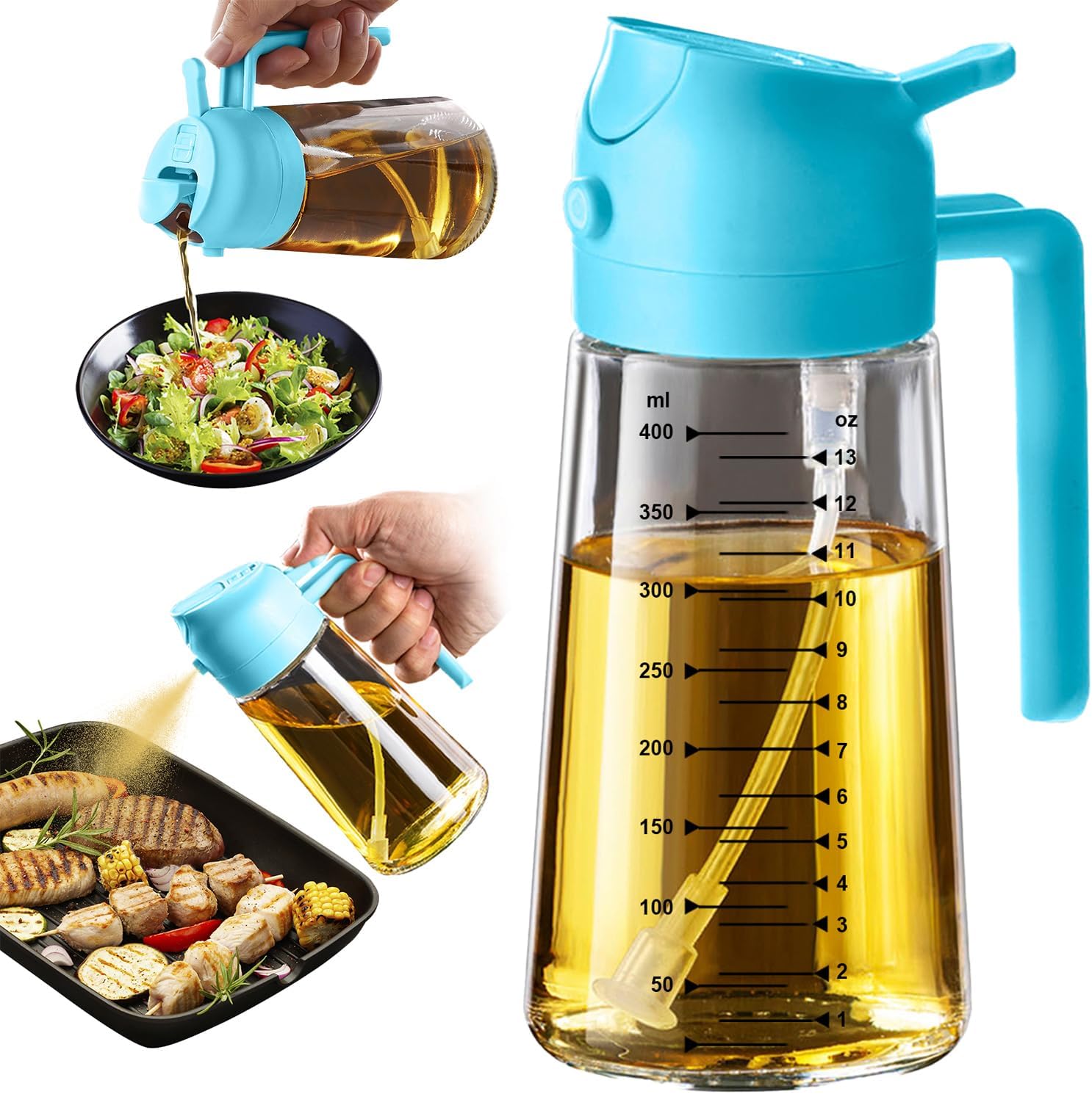 TrendPlain 16oz/470ml Glass Olive Oil Sprayer for Cooking – 2 in 1 Olive Oil Dispenser Bottle for Kitchen Gadgets and Air Fryer Accessories. Salad. BBQ - Black
