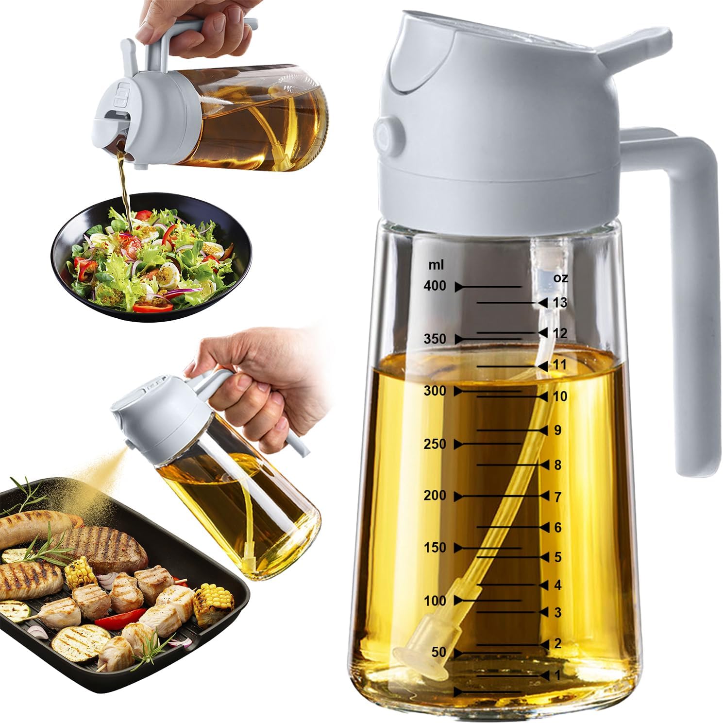 TrendPlain 16oz/470ml Glass Olive Oil Sprayer for Cooking – 2 in 1 Olive Oil Dispenser Bottle for Kitchen Gadgets and Air Fryer Accessories. Salad. BBQ - Black