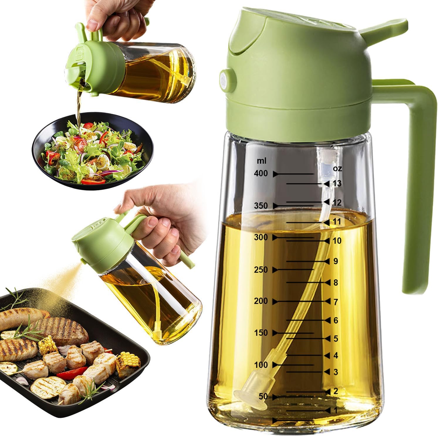 TrendPlain 16oz/470ml Glass Olive Oil Sprayer for Cooking – 2 in 1 Olive Oil Dispenser Bottle for Kitchen Gadgets and Air Fryer Accessories. Salad. BBQ - Black