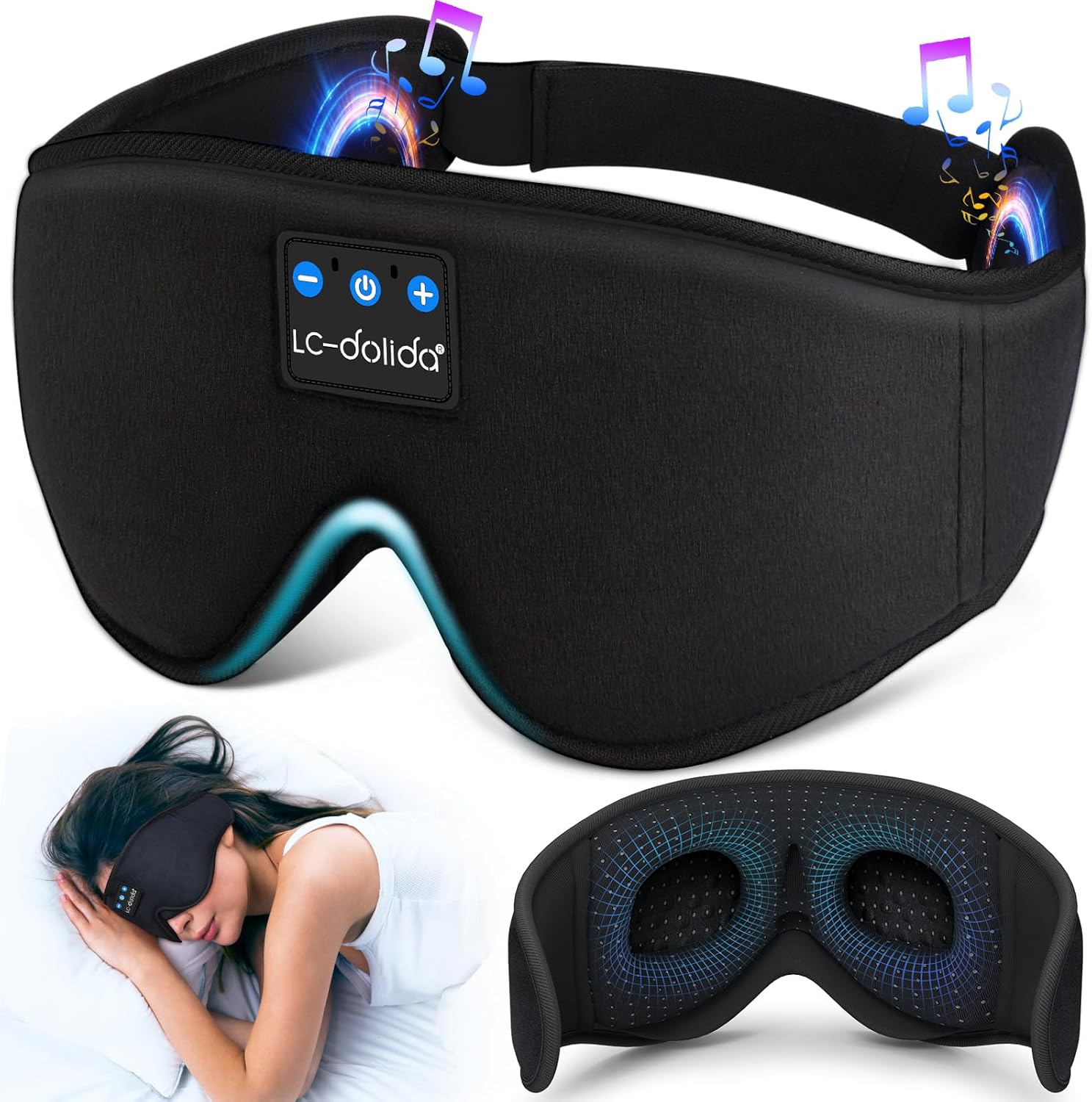 LC-dolida Sleep Headphones. 3D Sleep Mask Bluetooth Wireless Music Eye Mask. Sleeping Headphones for Side Sleepers Sleep Mask with Bluetooth Headphones Ultra-Thin Stereo Speakers Perfect for Sleeping