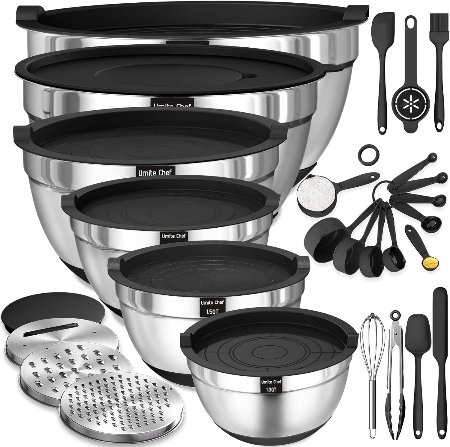 Mixing Bowls with Airtight Lids Set. 26PCS Stainless Steel Khaki Bowls with Grater Attachments. Non-Slip Bottoms & Kitchen Gadgets Set. Size 7. 4. 2.5. 2.0.1.5. 1QT. Great for Mixing & Serving