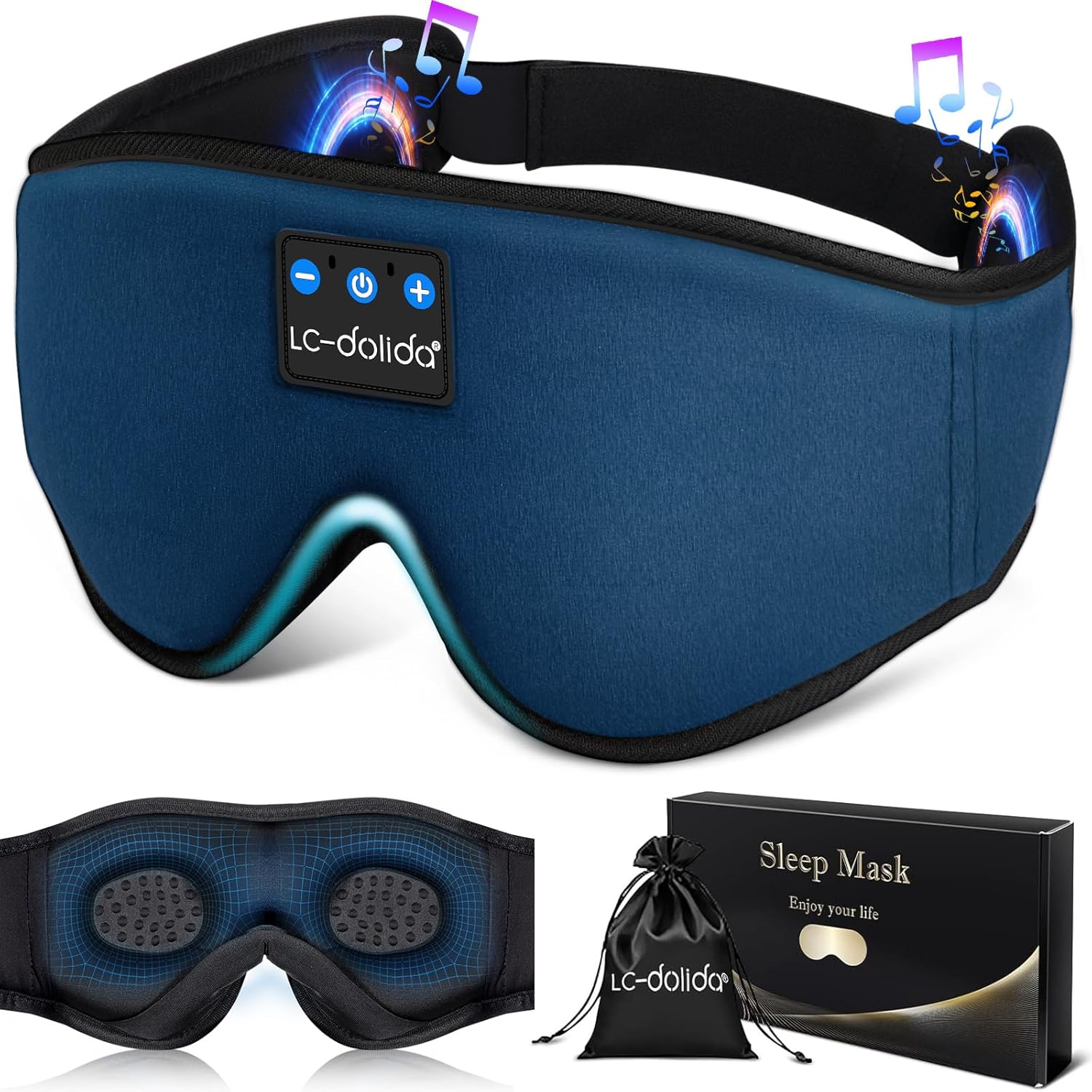 LC-dolida Sleep Headphones. 3D Sleep Mask Bluetooth Wireless Music Eye Mask. Sleeping Headphones for Side Sleepers Sleep Mask with Bluetooth Headphones Ultra-Thin Stereo Speakers Perfect for Sleeping